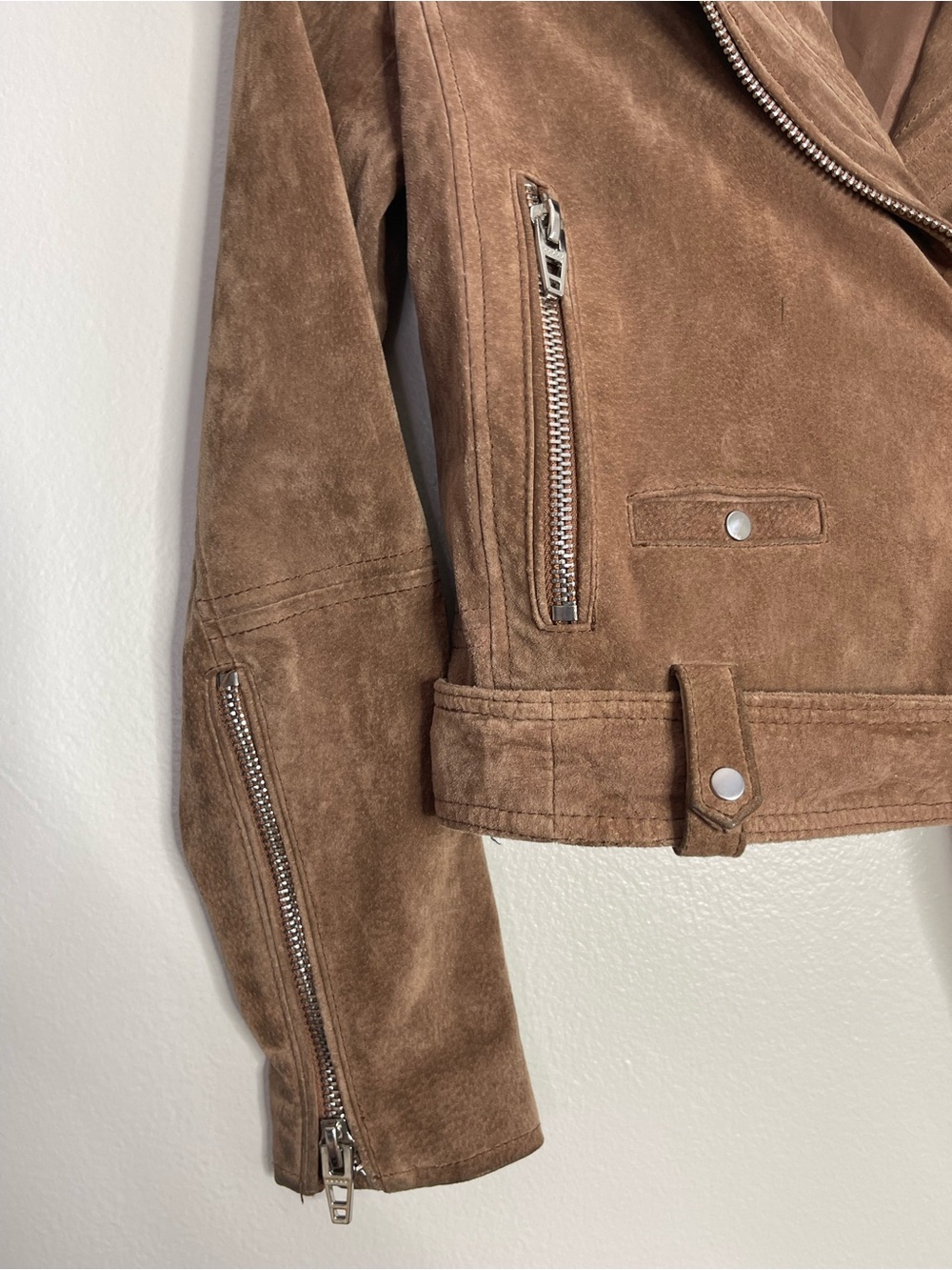 Blank NYC Taupe Brown Leather Suede Moto Jacket Bikercore Cropped Zip Buckle XS - Picture 6 of 10